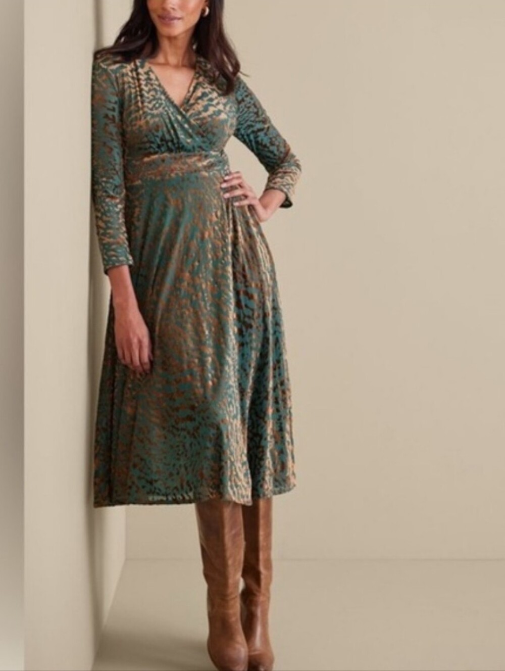 Soft Surroundings Shae Bronze-Teal Flocked Velvet Animal Pattern Midi Dress